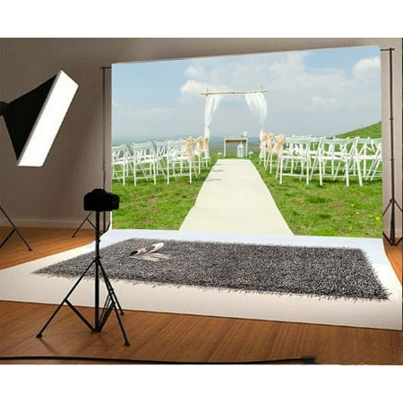 Image of GreenDecor 7x5ft Wedding Decoration Backdrop White Curtain Chair Carpet Green Grass Lawn Blue Sky White Cloud Nature Outdoor Photography Background Kids Adults Photo Studio Props
