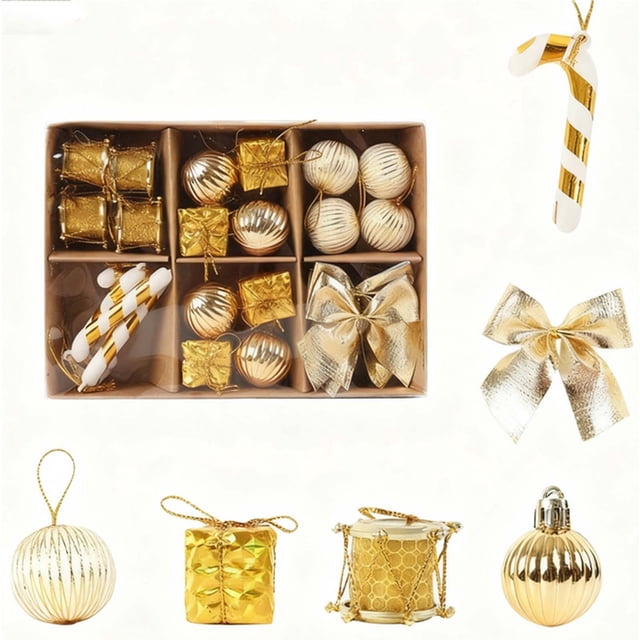 Gold Christmas Gift Decoration Set Gold With Kraft Paper Box Balls Bows Candy Canes