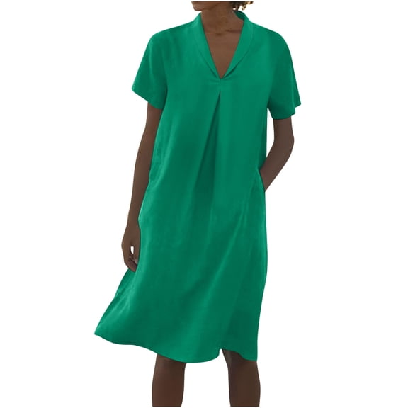 Enjoytime Summer Dresses for Women Solid Color V-Neck Short Sleeve Midi Dress Beach Vocation Casual Plus Size Dresses