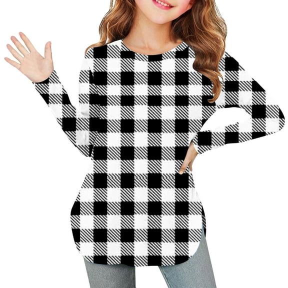 OVBMPZD Lightweight Fall Shirts for Girls Kids Black Tunic Crewneck Checkered Side Split Pullover Blouses Girls Blouse Size 3 Years