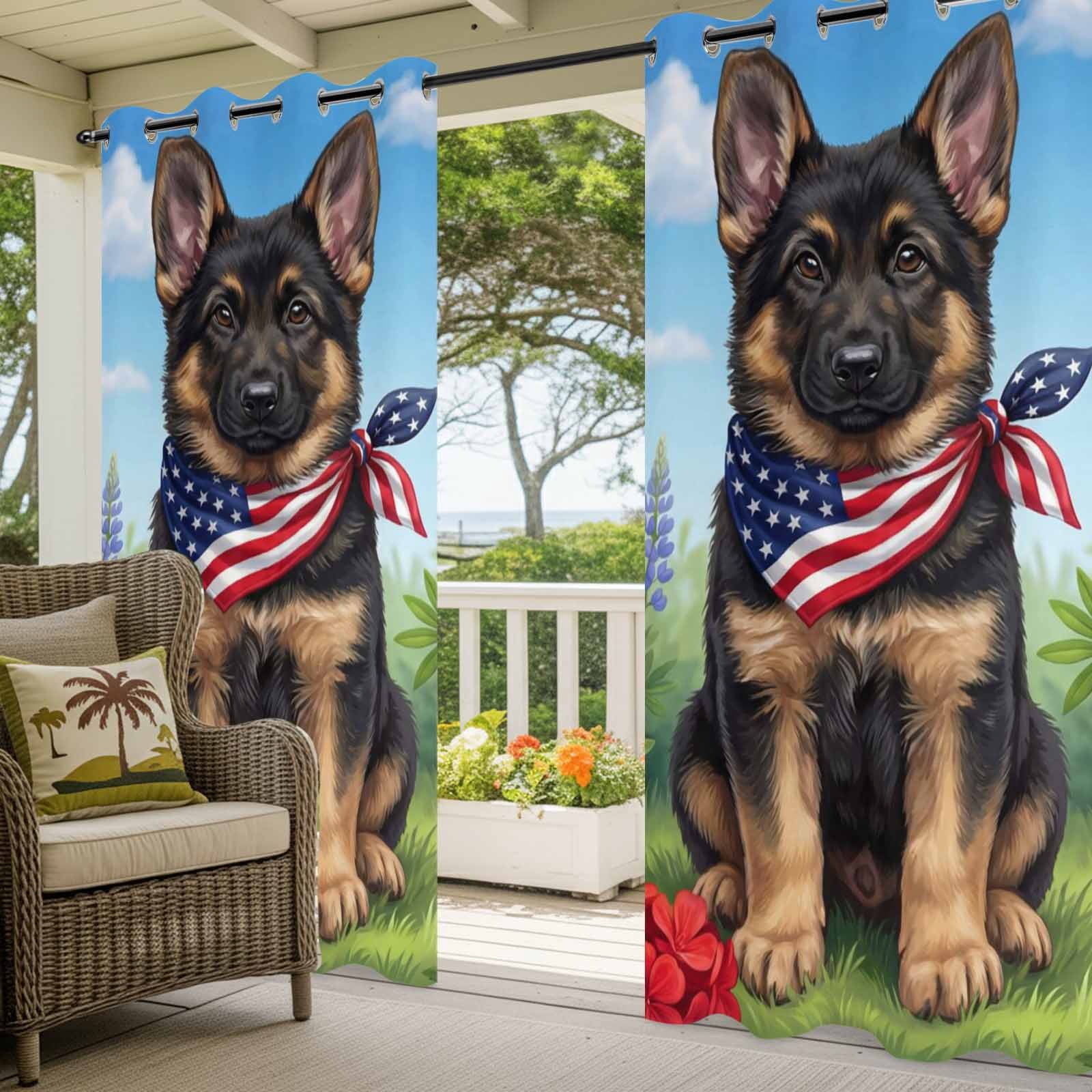 Independence Day Outdoor Curtains for Patio, American Flag Cute Dog Puppy Colorful Flowers Sunshade Privacy Drapes Grommet Waterproof Outside Curtains for Porch/Cabana/Balcony 54"x 108", 1 Panel