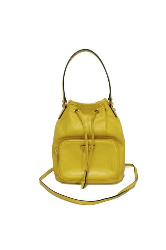 Pre-Owned Prada PRADA Saffiano Duetto Bucket Handbag, Soft Calfskin, Yellow, Drawstring, 2-Way,...