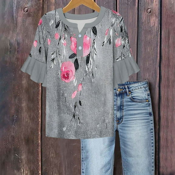 YYUIJK Womens Floral Printed T Shirts Short Sleeve Tops Dressy Casual Blouses Spring Summer Outfits White L