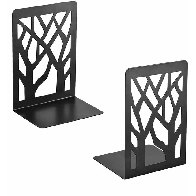 2 sujetalibros, sujetalibros de metal, sujetalibros negros, sujetalibros antideslizantes, estantes de metal, estanterías, estantes para niños (árbol)