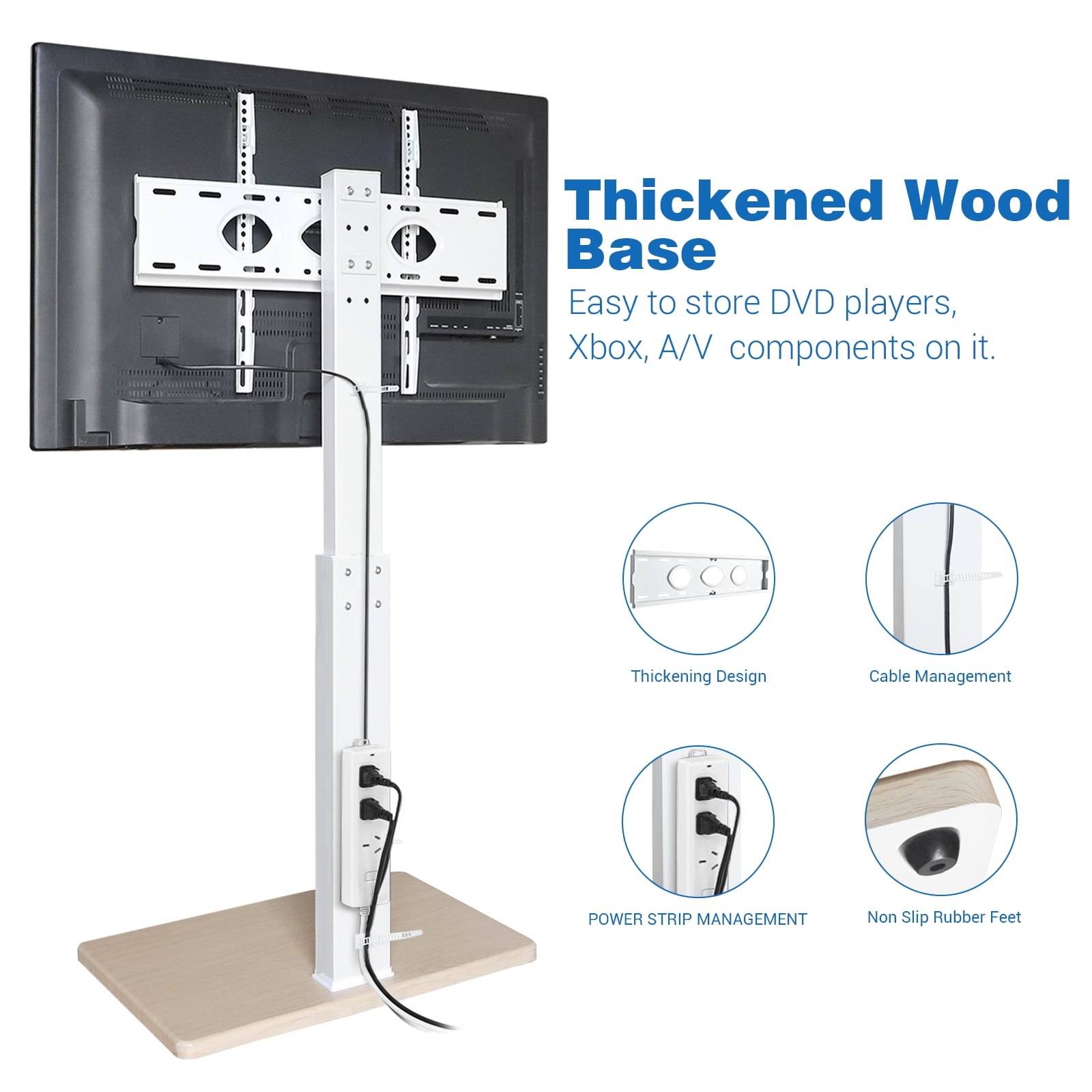 Floor TV Stand with Mount Swivel for 50 to 75 inch Flat TVs Wood Base, White Shelf