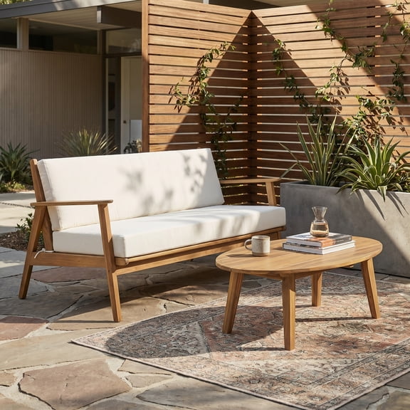 Christopher Knight Home 2-Piece Wood Patio Chat Set with Loveseat and Coffee Table, Light Teak Beige