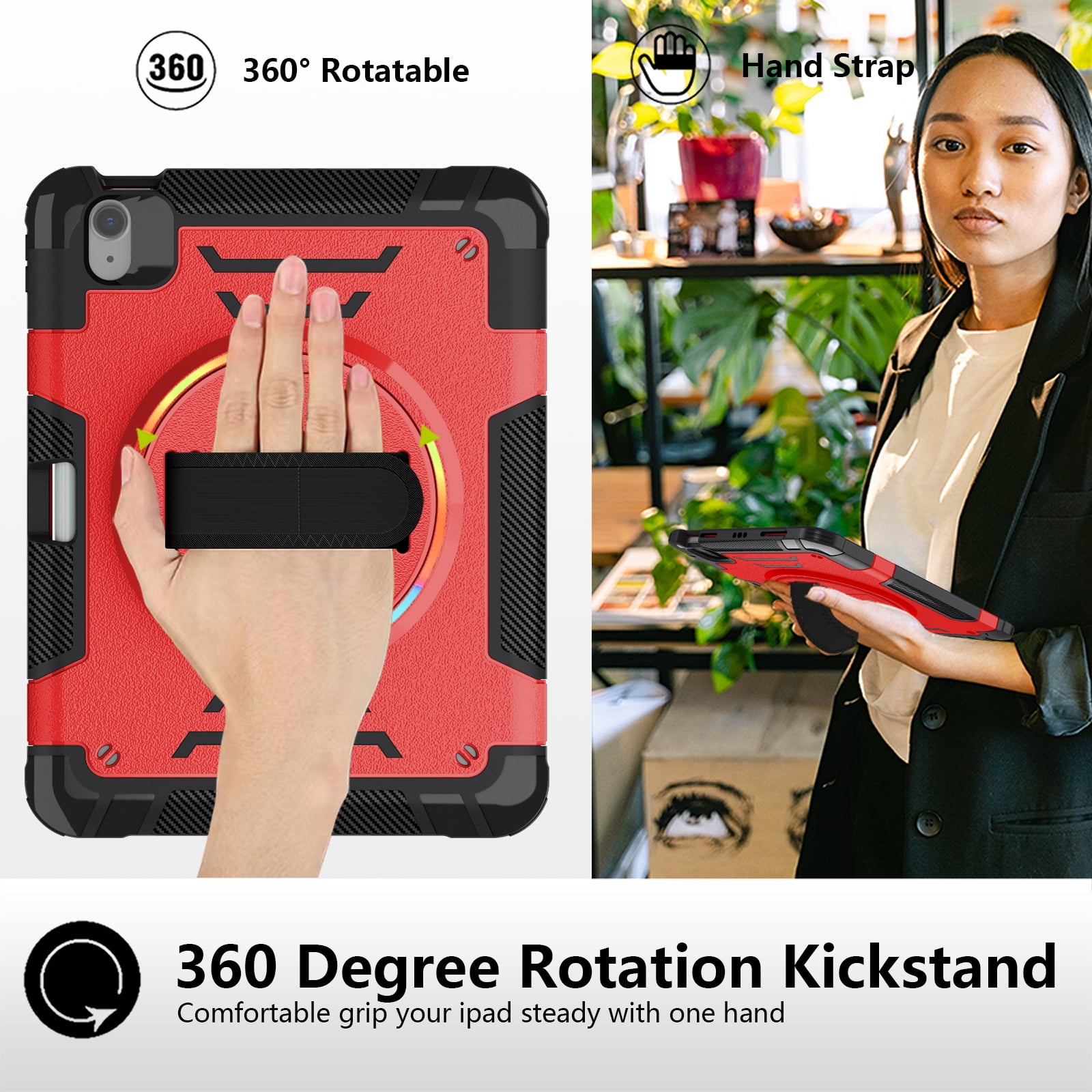 Case for Apple iPad Air 11 Inch 2026/2025/2024 M4 M3 M2, with Pencil Holder Military Grade Protection Rotating Stand Hand Strap Shoulder Strap Bumper Rugged Case for iPad Air 11",Red
