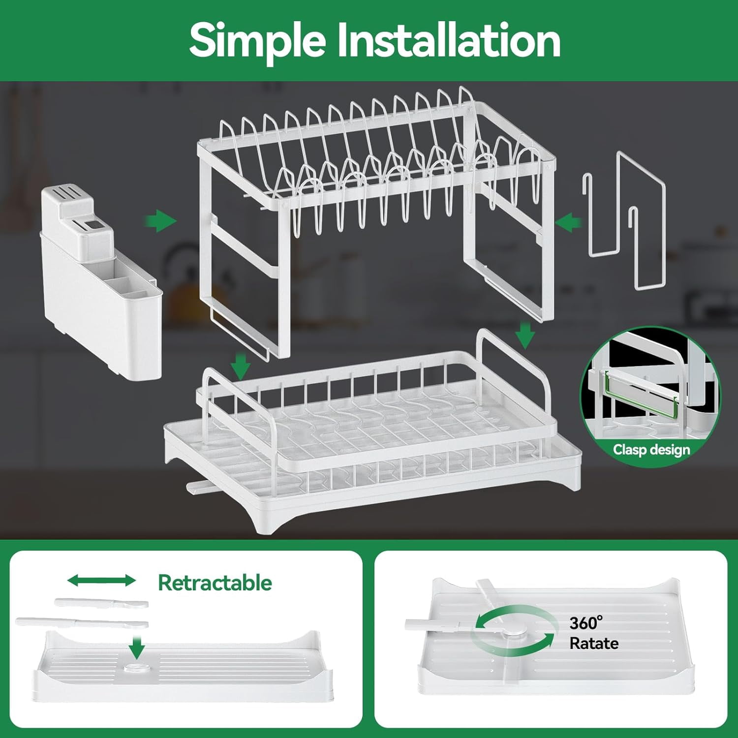Auto Beyond Large Dish Drying Rack, 2 Tier Dish Rack for Kitchen Counter, Removable Large Capacity Dish Drainer Organizer with Utensil Holder, White
