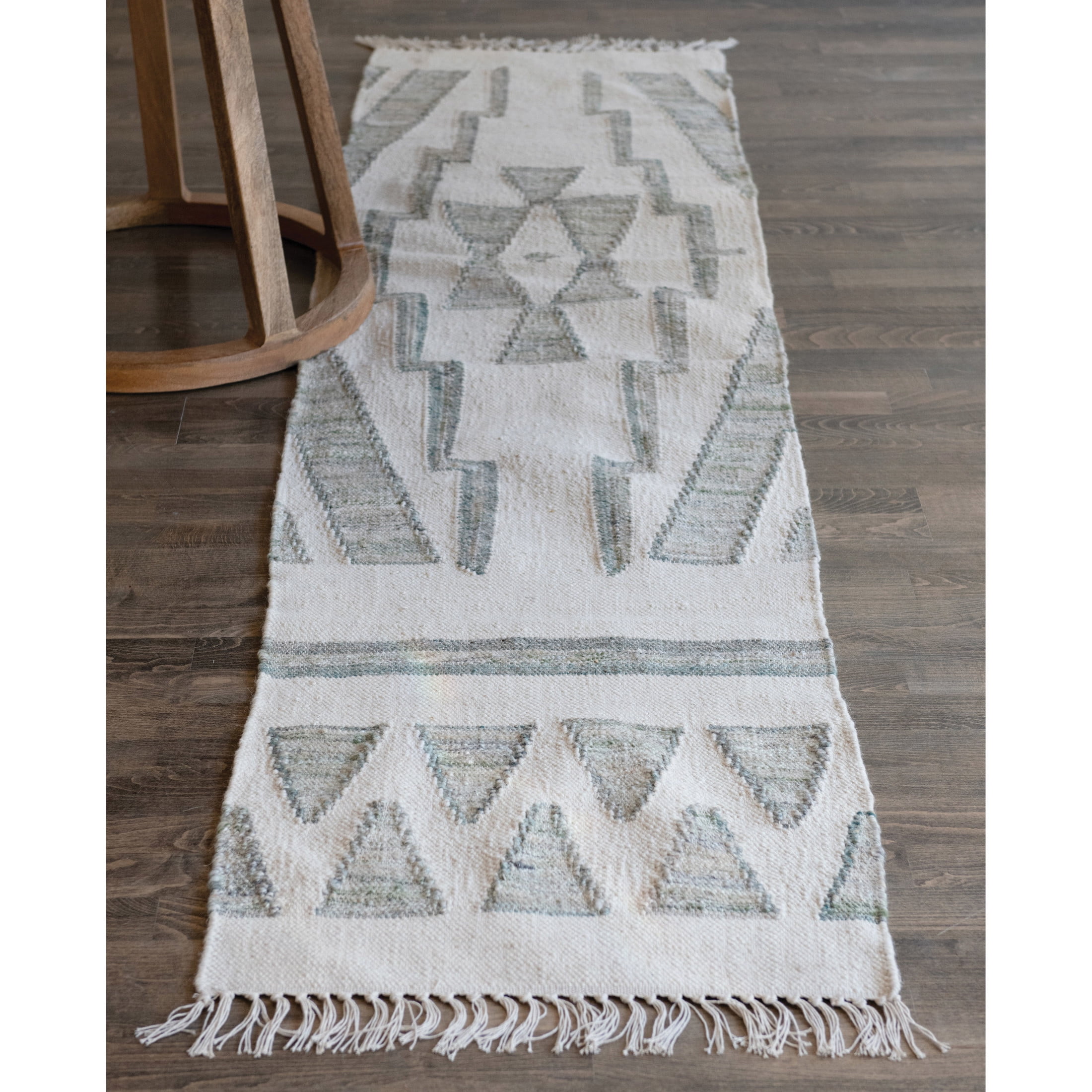 Creative Co-Op Creative Co-Op Hand Woven Cotton and Wool Kilim Floor Rug with Fringe, Green and Cream