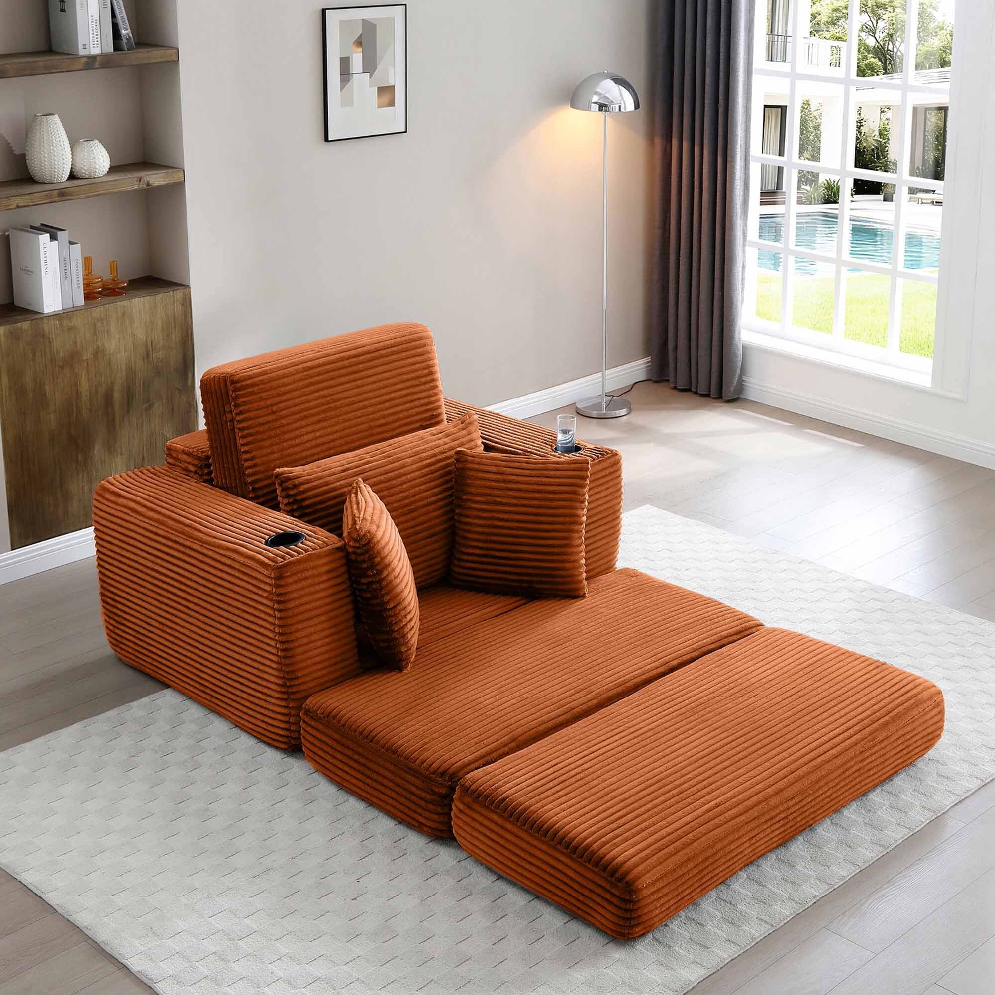 Lunale Boneless Chaise Lounge Chair with Ottoman, 52" Oversized 3-in-1 Convertible Sofa Chair for Living Room, Orange Corduroy