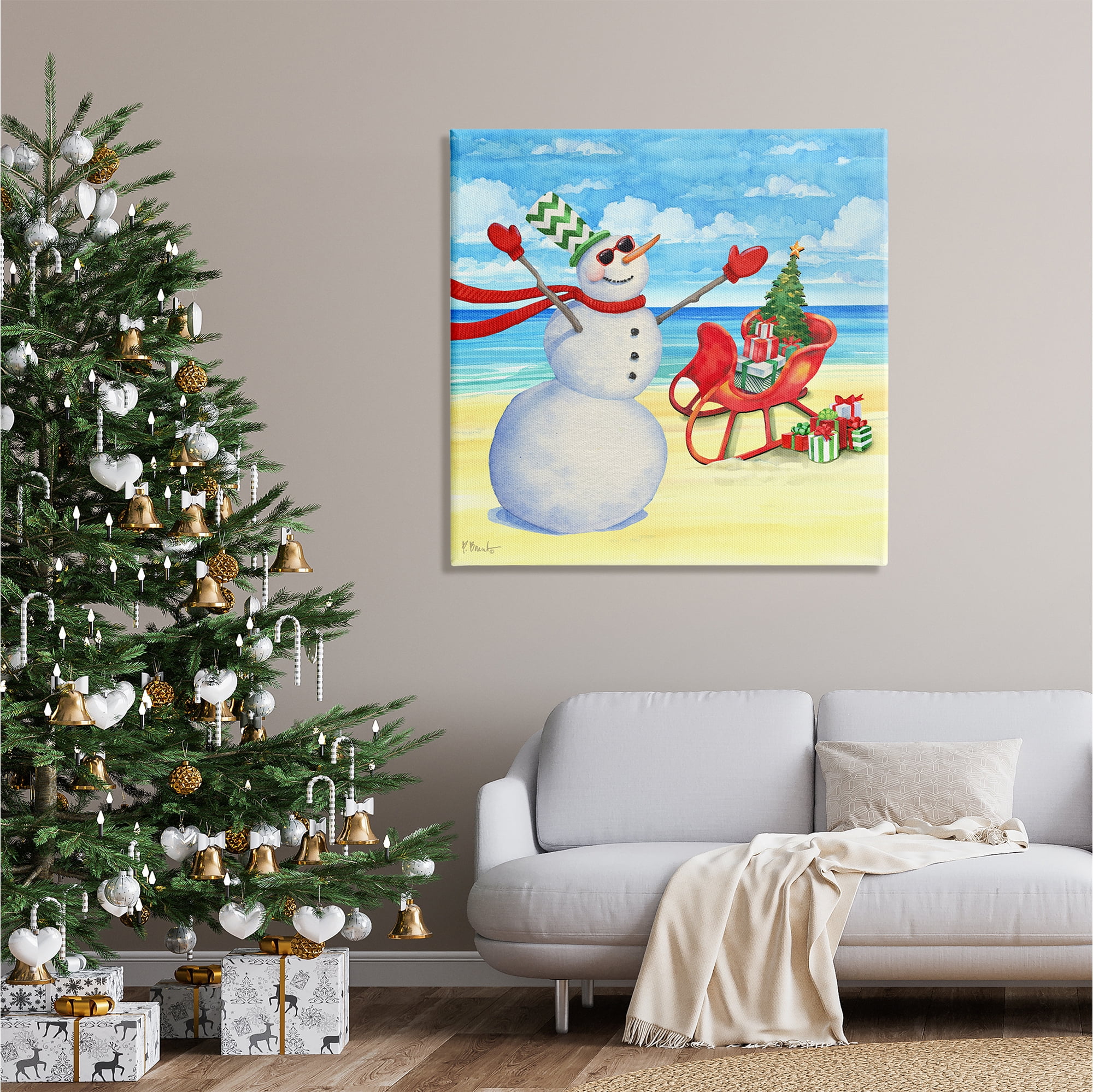 Stupell Industries Snowman on Beach Scene Holiday Painting Gallery Wrapped Canvas Print Wall Art, 36 x 36