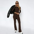 thumbnail image 3 of 2 Pcs/Set Women Top Pants Set Round Neck Solid Color Long Sleeves Slim Fit T-shirt Low Waist Flared Hem Trousers Casual Sport Outfit, 3 of 8