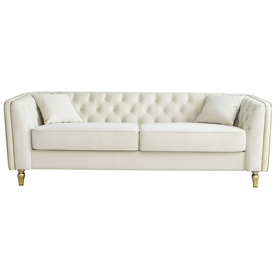 JERFIT Modern 3-Seater Velvet Sofa with Gold Metal Legs, Tufted Chesterfield Couch for Living Room, Apartment, Beige