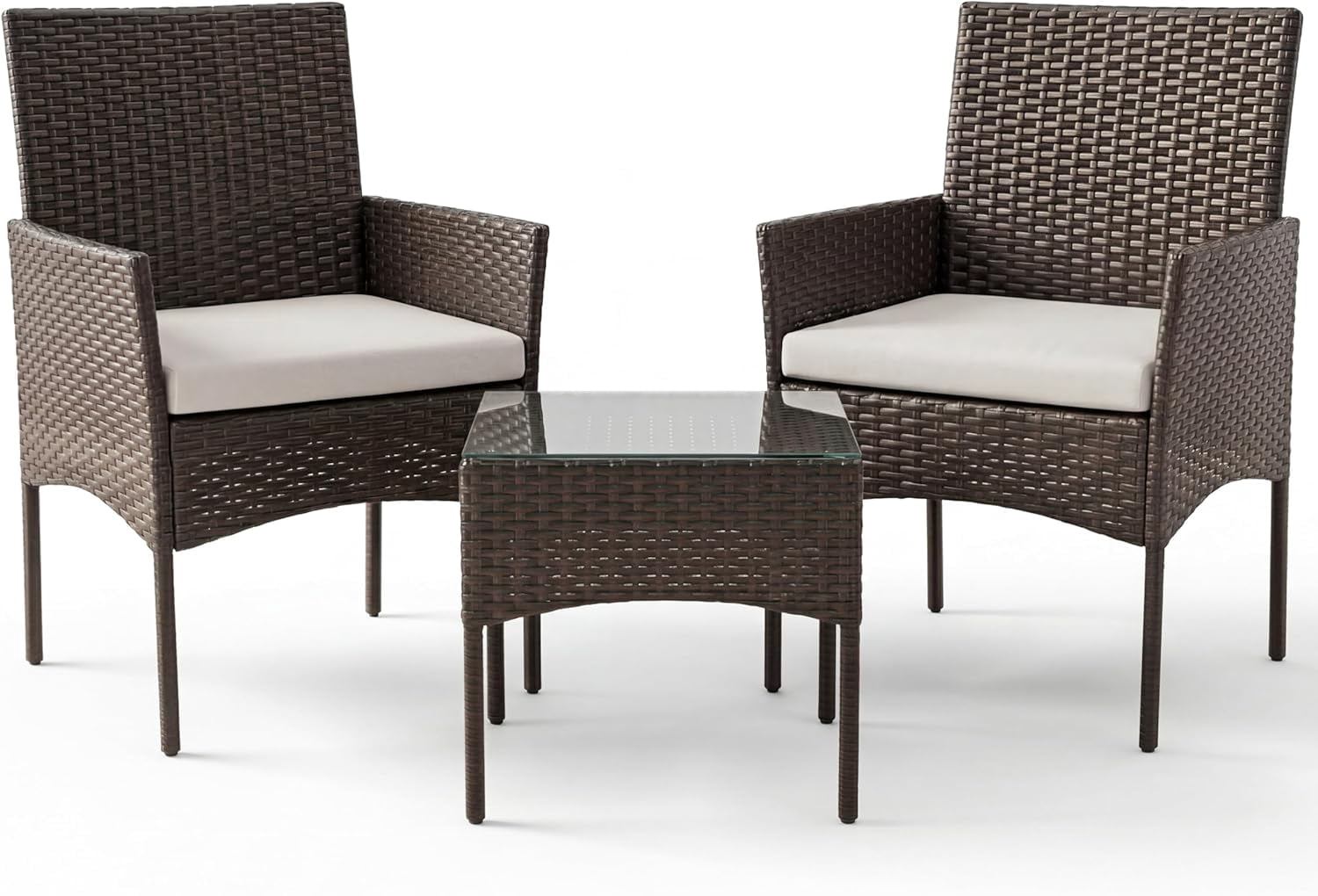 Simenmax 3 Piece Patio Wicker Furniture Set, Outdoor Rattan Chairs with Tempered Glass Coffee Table, Comfortable Washable Cushions for Balcony, Backyard, Poolside, Beige
