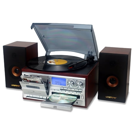 LoopTone Vinyl Record Player with Dual 15W External Speakers 10 in 1 3 Speed Bluetooth Vintage Turntable CD Cassette Player AM/FM Radio USB Recorder Aux-in RCA Line-Out