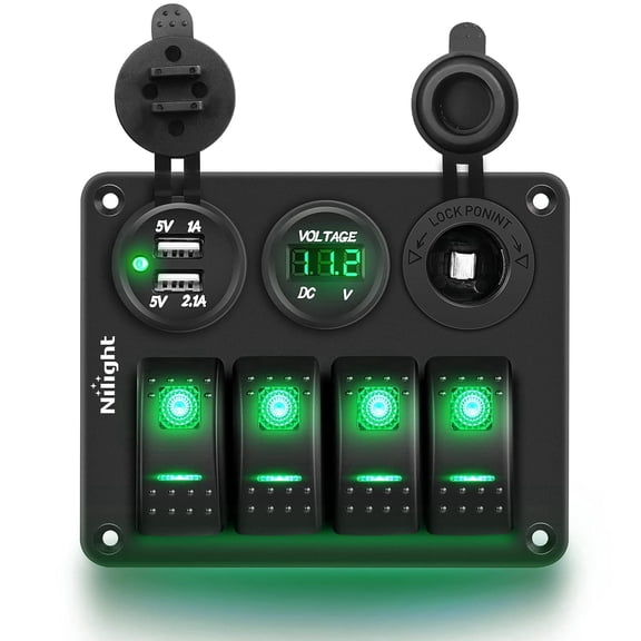 Nilight 4Gang Rocker Switch Panel with USB Charger Voltmeter and Cigar Lighter 12V 24V Toggle Switch ON Off Rocker Switch Green with Night Glow Stickers for Cars Rvs Trucks,2 Years Warranty