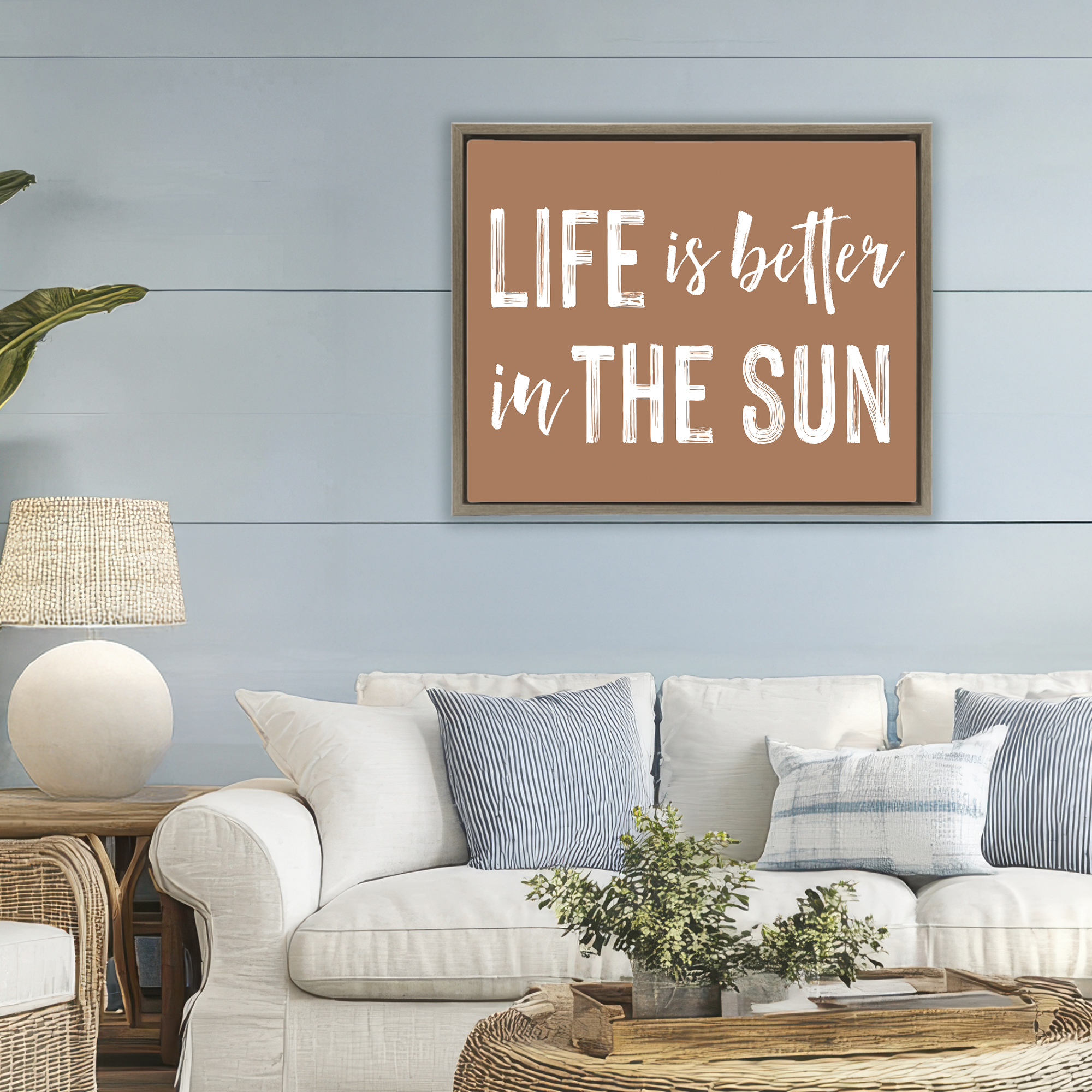 Life Better In Sun Brown Brown Framed Floater Canvas Wall Art, design by Lettered and Lined