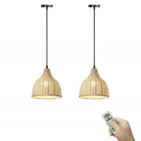 

FSLiving 100 Lumens Multi-Function Led No Cord Led Remote Control Battery Run Indoor Not Hardwired Cordless Rattan Pendant Light for Aisle-Easy Installation Dimmable Battery Not Included-2 Packs