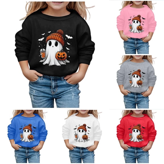 XAOFW Girls Halloween Sweatshirt Cute Ghost Print Long Sleeve Crewneck Hoodless Sweatshirts Loose Fit Fashion Pullover Breathable Tops 3-4 Years