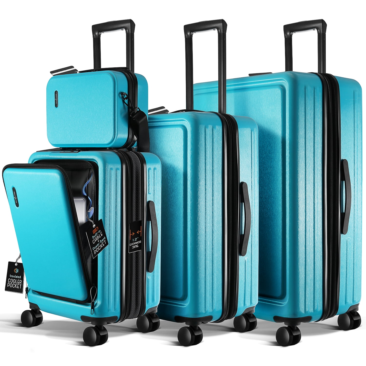 StorageBud 4 Piece Hardshell Exapandable Luggage Set, Spinner Luggage Suitcase Set, Teal Blue
