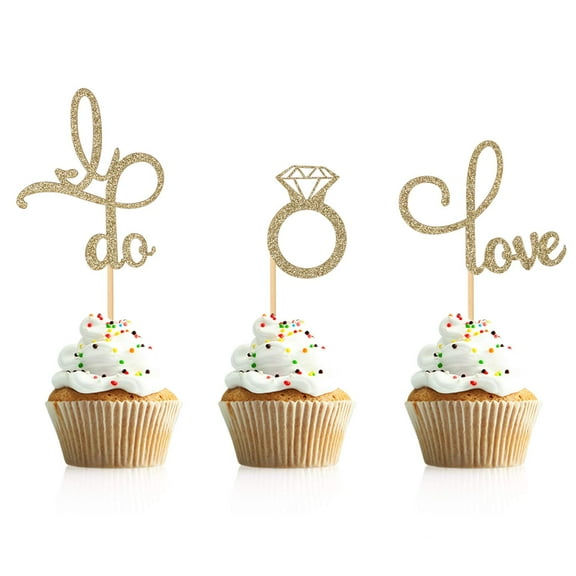 12pcs Gold Glitter Diamond Ring Love I Do Cupcake Topper Picks for Wedding Engagement Party Cake Decorations