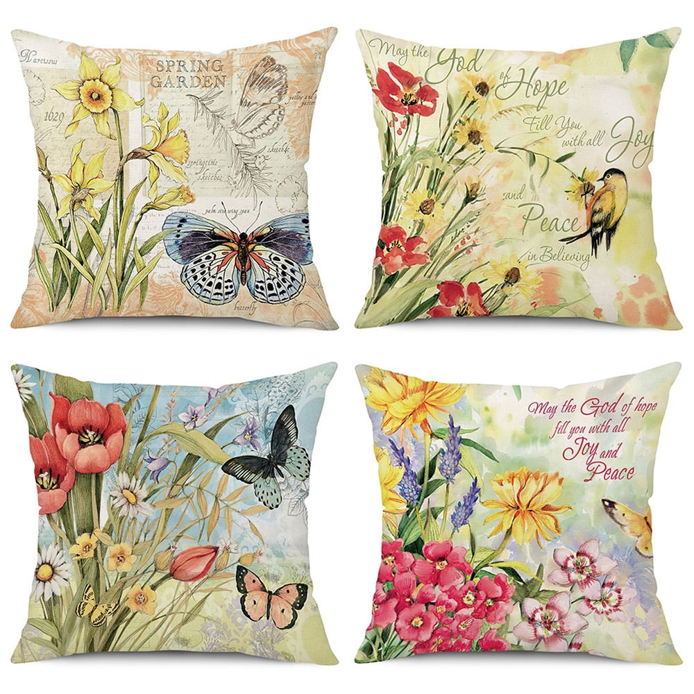 Deconovo Decorative Throw Pillow Covers - Set of 4 Soft Linen Cushion Covers, 18x18 Inch, Green & Machine Washable Pillowcases for Sofa, Bedroom,Living Room Décor, Natural White,COVERS ONLY,No Inserts