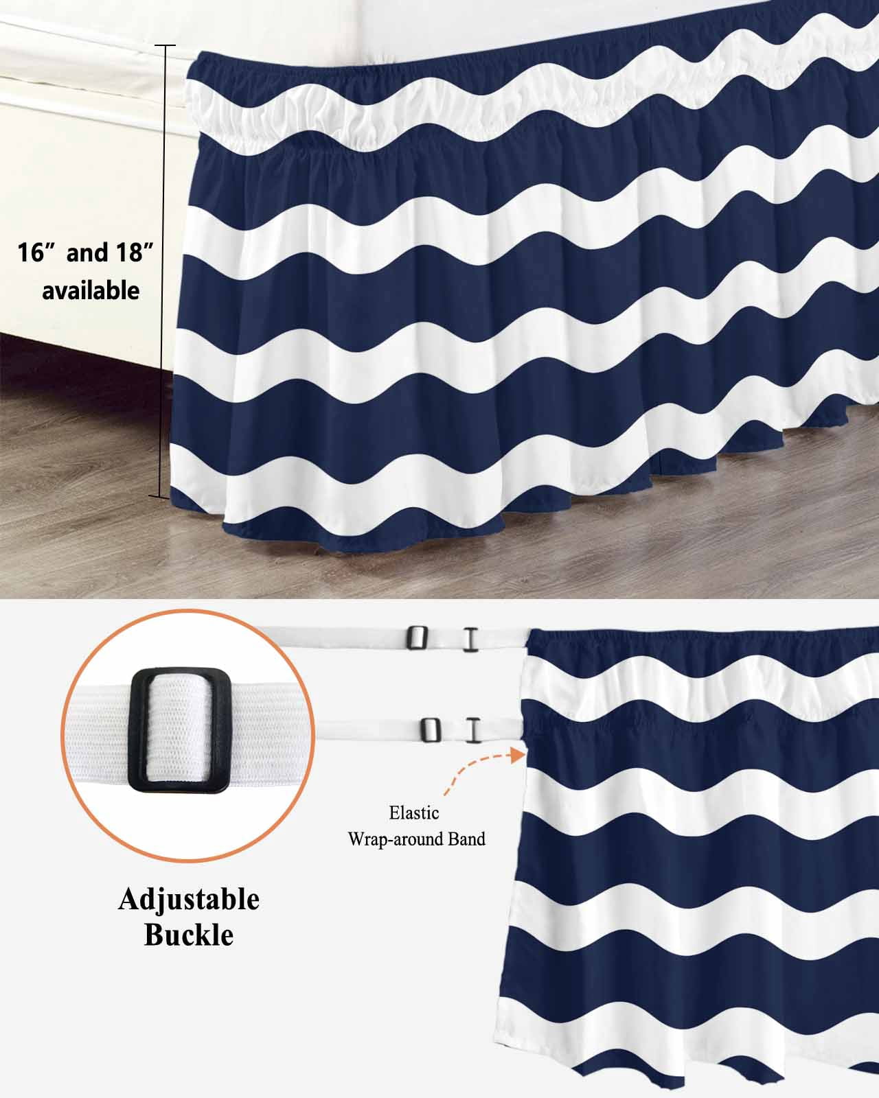 Navy Blue Bed Skirt King Size 16&nbsp;Inch Drop, Wavy Stripes Wrap Around Dust Ruffle Bedskirts, Wrinkle & Fade Resistant Easy Fit Bedskirt with Adjustable Elastic