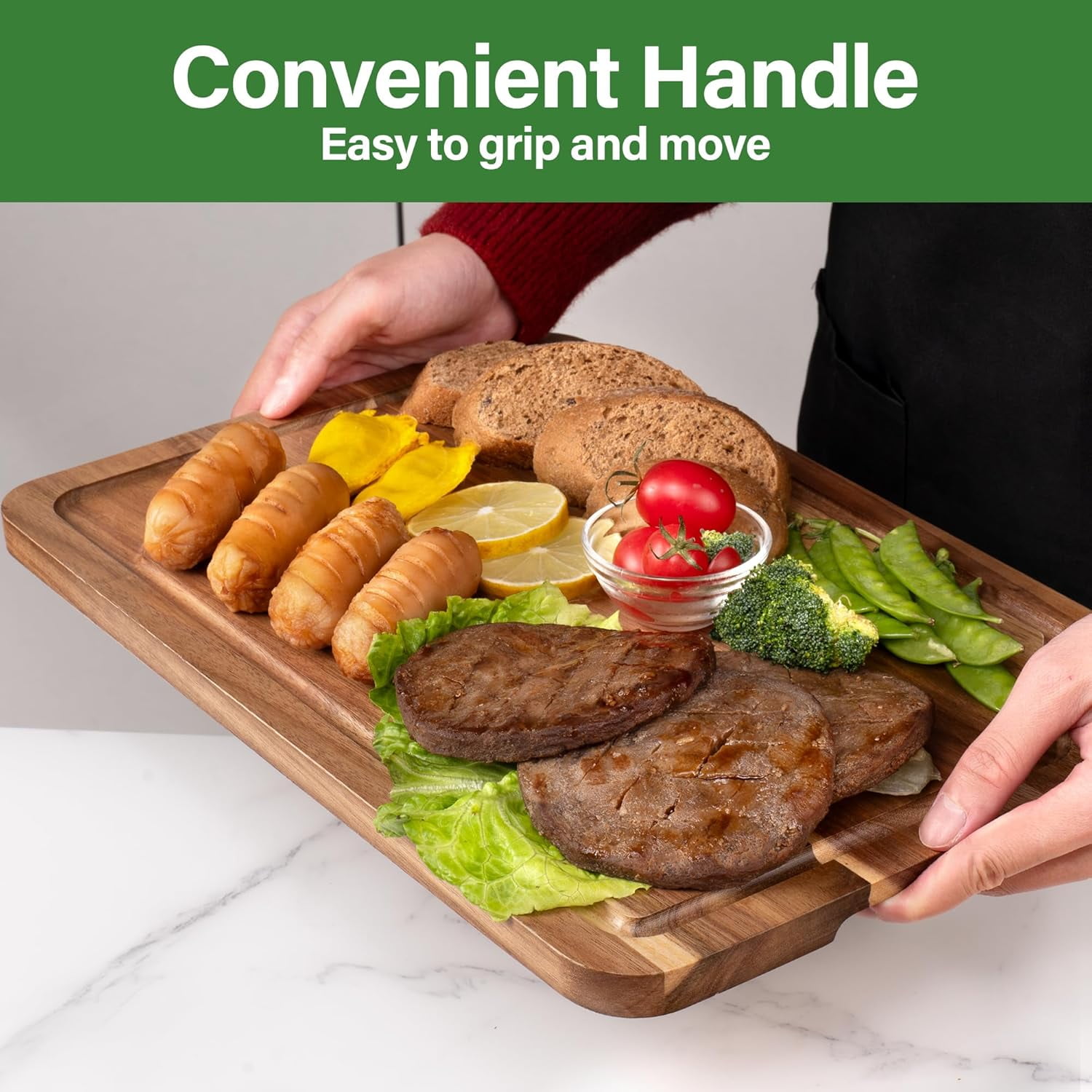Wood Cutting Board For Kitchen, Acacia Wood Cutting Board Set of 3 with Juice Groove, Double-Sided Chopping Board Serving Board with Hanging Hole for Meat, Vegetables and Cheese