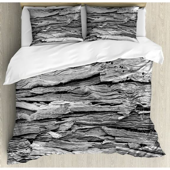 Architecture Duvet Cover Set King Size, Close Up Image of Wooden Exterior Wall Industrial Elements, Decorative 3 Piece Bedding Set with 2 Pillow Shams, Charcoal Grey and Pale Grey, by Ambesonne