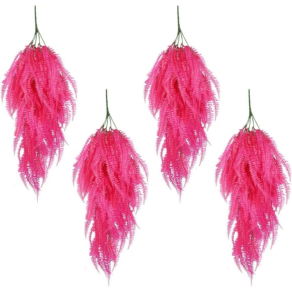 shiyou-4Pcs Artificial Hanging Ferns for Outdoors Fake Boston Ferns Hanging Greenery UV Resistant Faux Ivy Plants for Patio Wall Garden Valentine's Day Wedding Indoor Outdoor Decor (A-Pink)