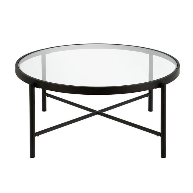 Pemberly Row Metal 36" Round Glass Top Coffee Table in Black and Bronze