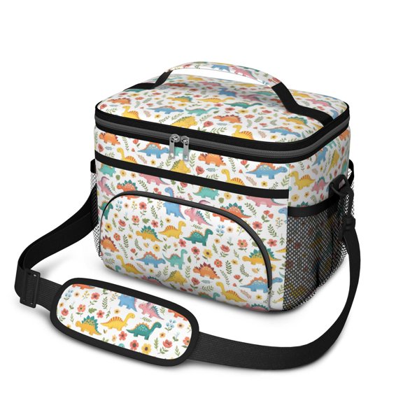 Dinosaur and Flower White Pattern Insulated Lunch Box for Women Men, Medium Leakproof Cooler Bag with Adjustable Strap, 10"x6.7"x8"