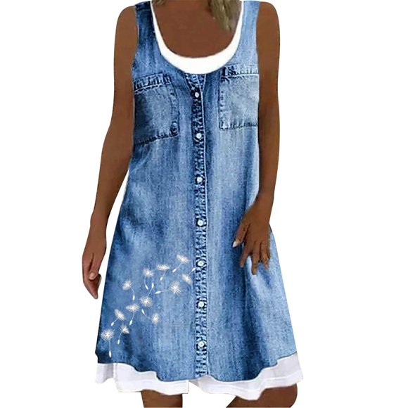 Floral Dress for Women Summer Sleeveless Round Neck Casual Fake 2 Pc Dress Polyester