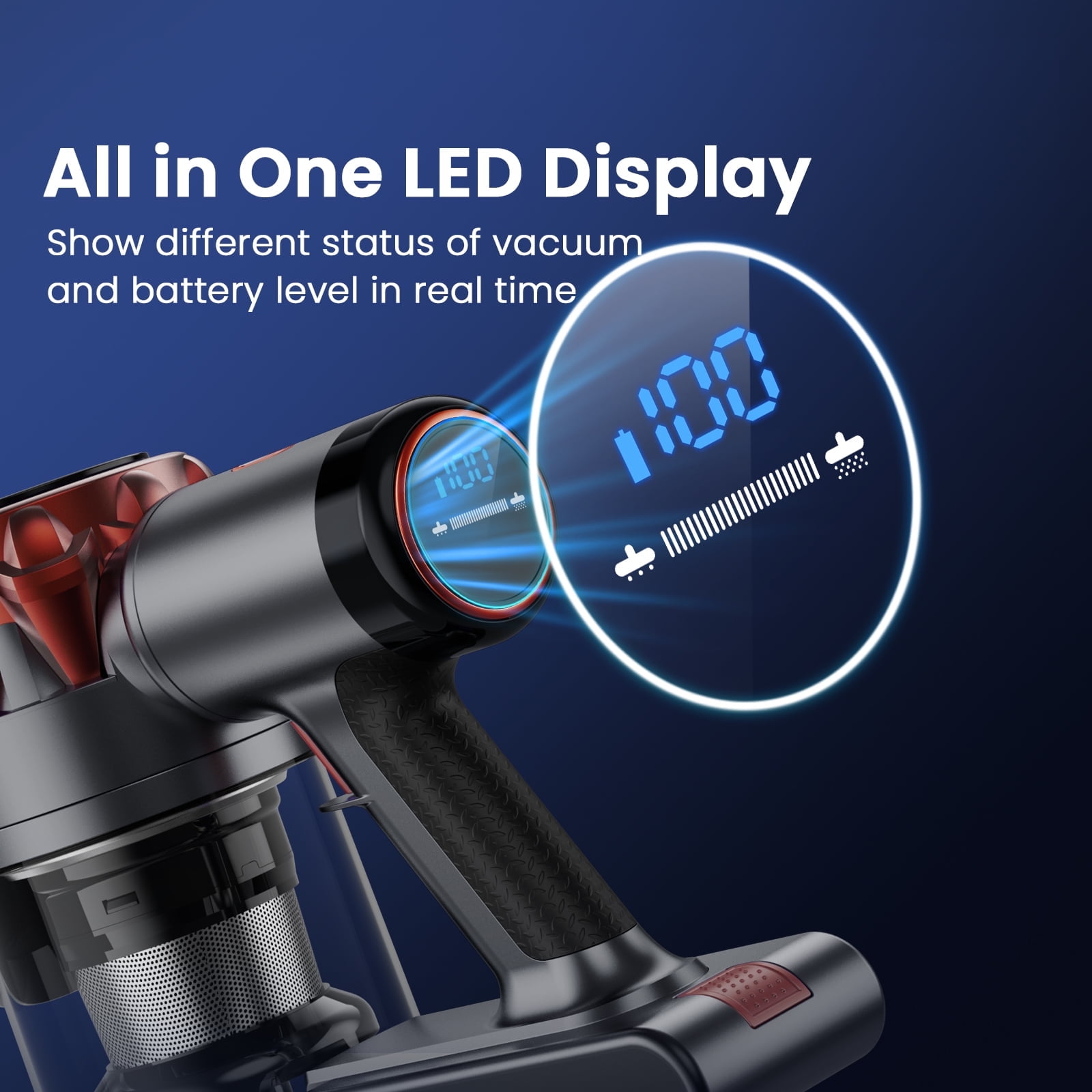 Cordless Vacuum Cleaner, 350W 35Kpa Powerful Stick Vacuum, with LED Display Free-Standing Vacuum Cleaners for Home Pet Hair Carpet Hard Floor S3 (Red)