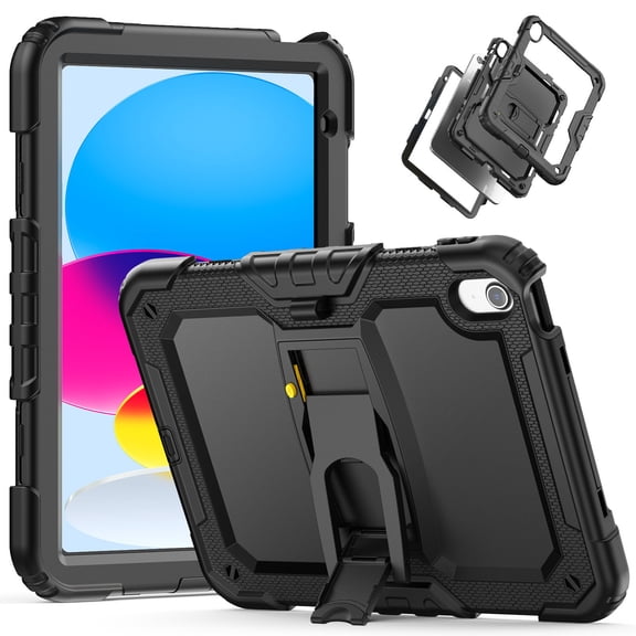 for iPad (A16)11th /10th Generation 11/10.9 inch 2025/2022 Case, 3in1 Heavy Duty Shockproof Tablet Case with Stand, Shoulder Strap, Black