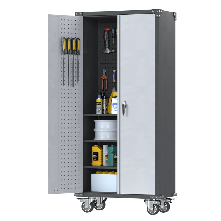 Rolling outlet garage cabinet