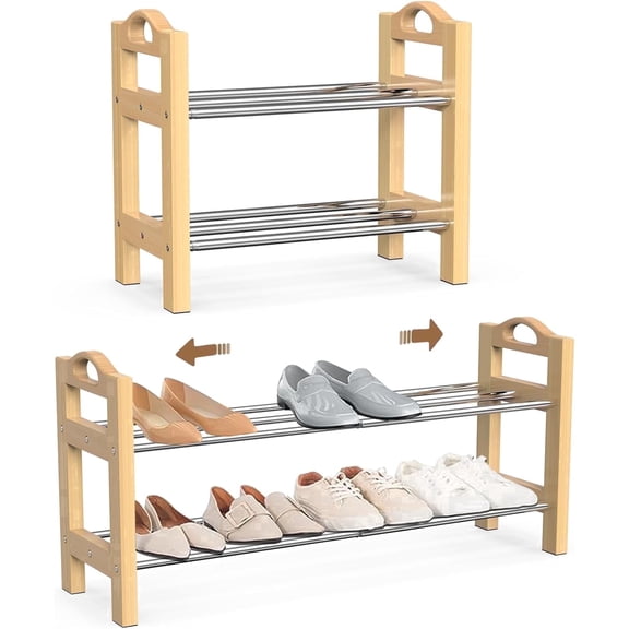 Wooden Shoe Rack , THENNIKIGO , 2-Tier Wooden Expandable Freestanding Shoe Rack, Stackable
