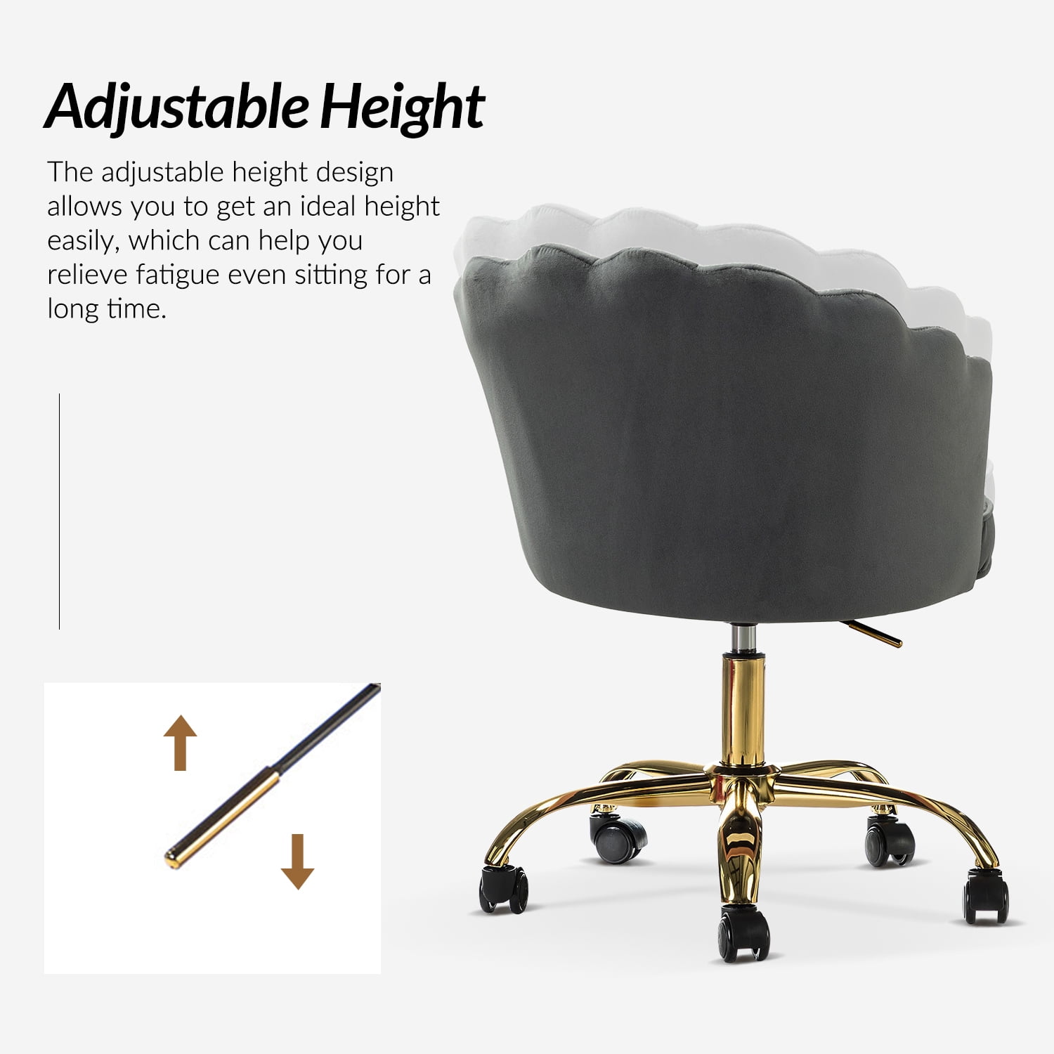 Tina's Home Vanity Makeup Desk Office Chair Velvet Shell Backrest Upholstered Swivel Adjustable Gold Metal Base Bedroom Grey