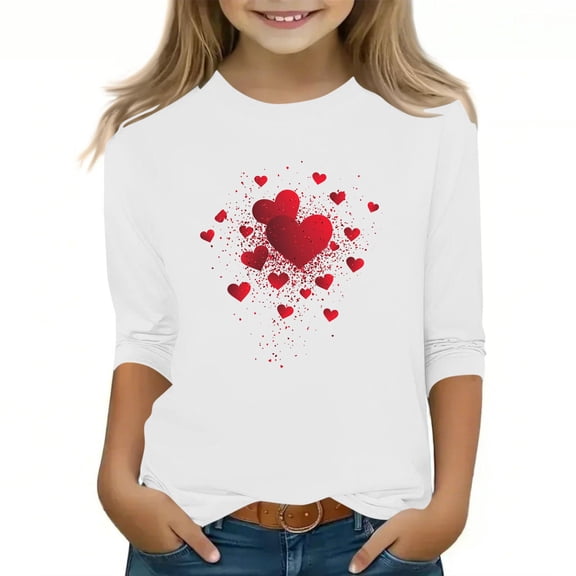 KyCheLot Girls 3/4 Sleeve Tops Valentine's Day Print Breathable Stretchy Round Neck Blouses for 3-13 Years