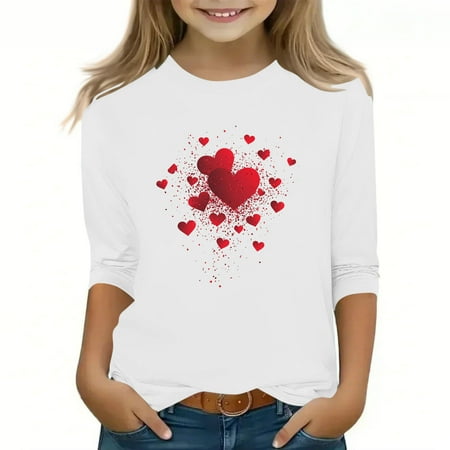 AHTJRT Kids Love Heart T-Shirt Long Sleeve Round Neck Blouse Cute Valentines Day Tee Shirt Fashion Family Lounge Streetwear Tops White 10-11 Years