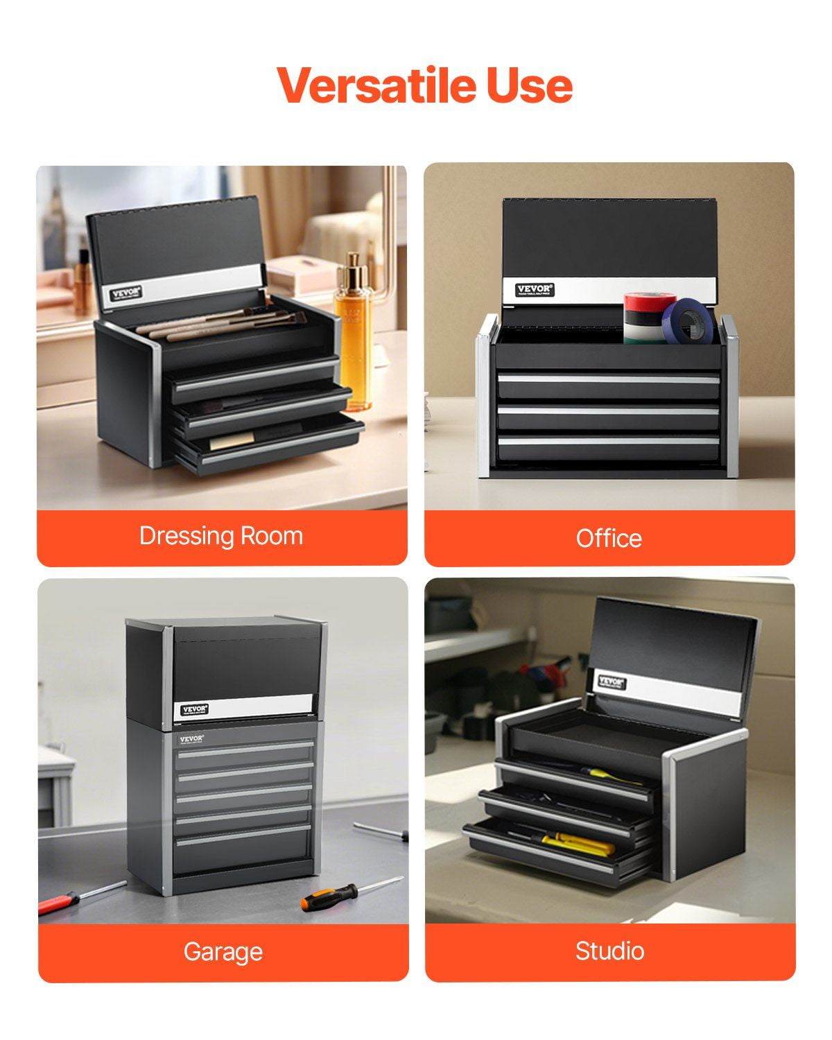 Tool Box 8.6-inch Portable Metal Tool Box with 3 Drawers Tool Organizer Black
