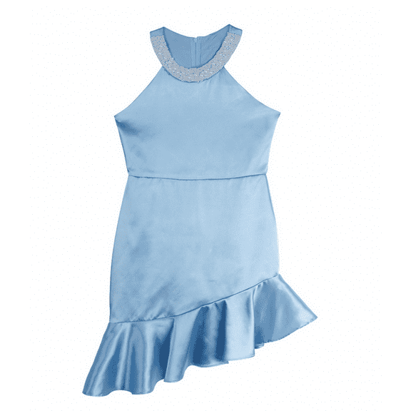 Rare Editions Big Girls Sleeveless Imitation Pearl Halter Social Dress - Blue