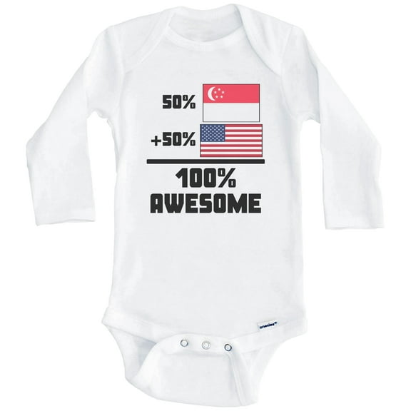 50% Singaporean 50% American 100% Awesome Funny Flag One Piece Baby Bodysuit (Long Sleeve), 0-3 Months White