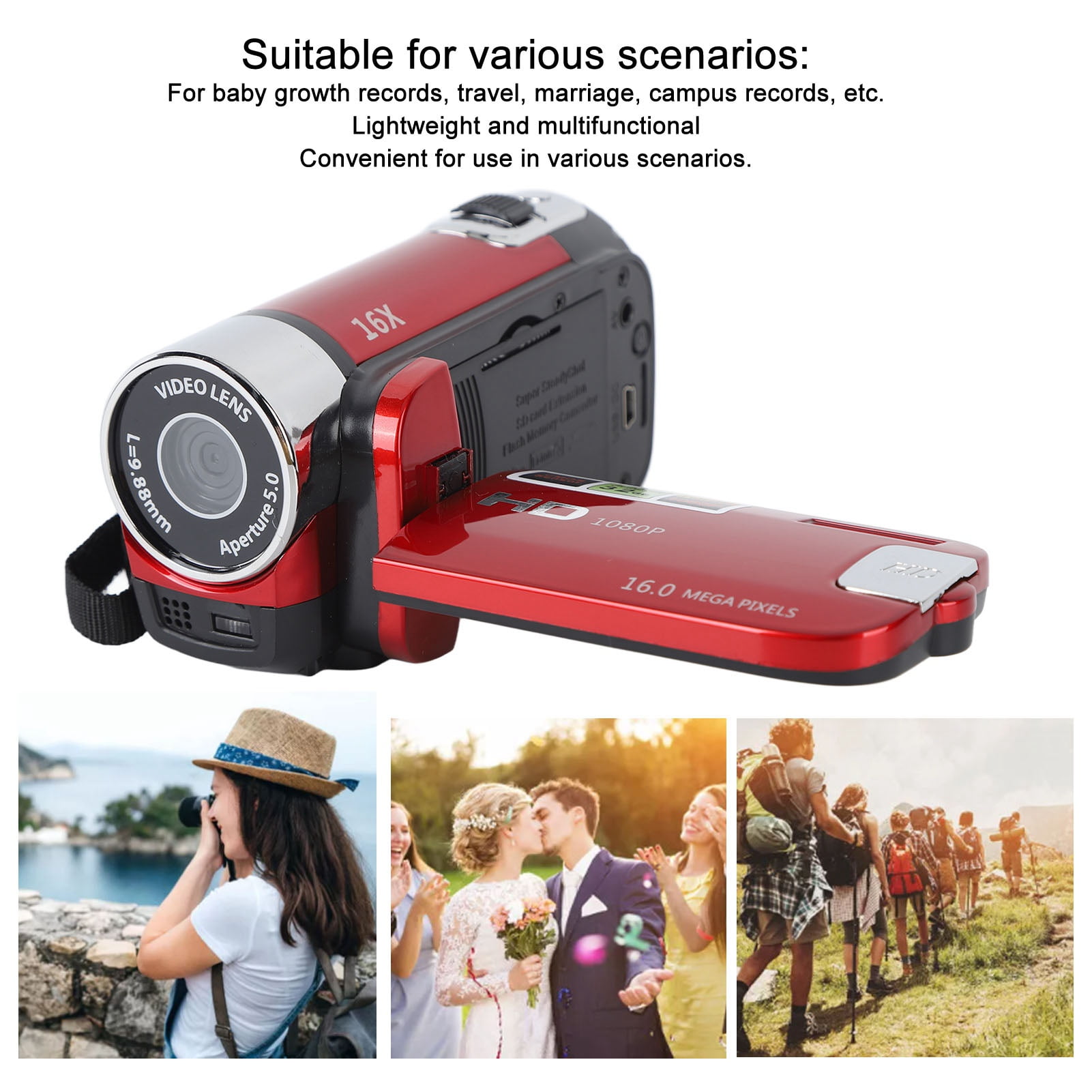 HD Handheld Video Camcorder Digital Camcorder, 1080P 16MP DV Camera 2.7in  TFT Rotatable Screen 16x Digital Zoom Video Camera with USB Cable (Red)