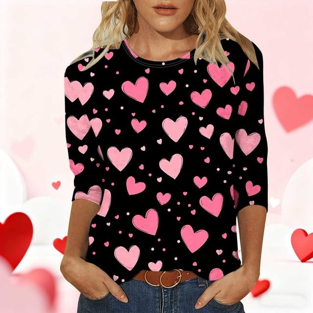 VKOYWKM T-Shirts de la Saint-Valentin pour Femmes, Chandails Graphiques avec Cœur, Manches 3/4, Col Rond, Hauts Romantiques pour les Fêtes