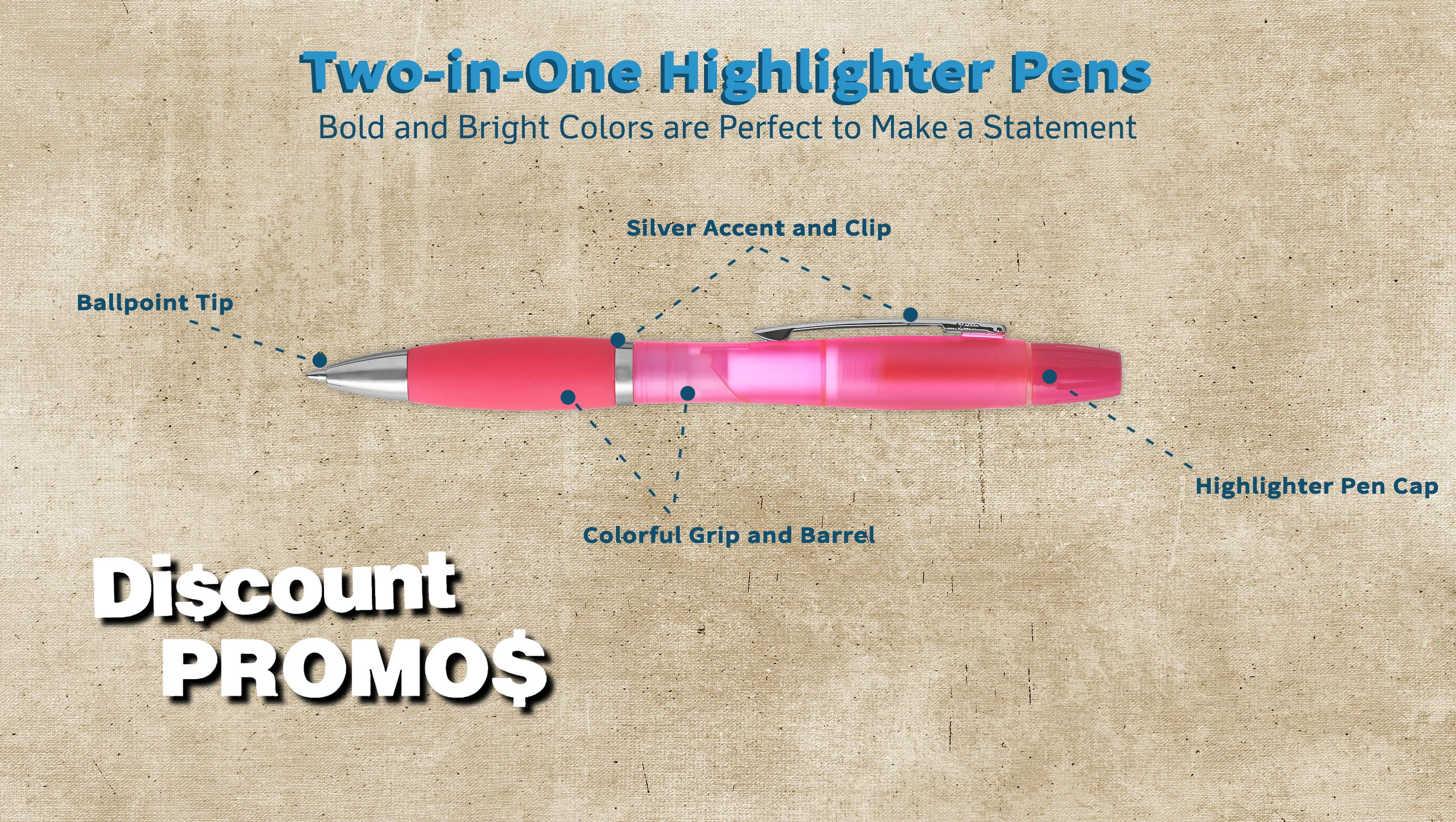 10 Two in one Highlighter Pens Pack - Ballpoint, Silver Accents - Pink