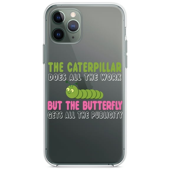DistinctInk Clear Shockproof Hybrid Case for iPhone 12 / 12 PRO (6.1" Screen) - TPU Bumper Acrylic Back Tempered Glass Screen Protector - Caterpillar Does Work, Butterfly Publicity