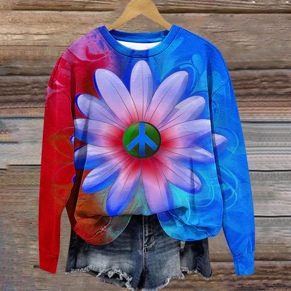 Riecok Women's Crew Neck Sweatshirt Long Sleeve Oversized Loose All-Match Fashion Holiday Lounge Outfit Casual Graphic Pullover Fall Comfy Loose Blue L