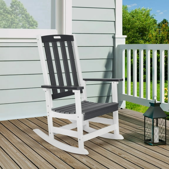 Aoodor Outdoor Rocking Chair, Ergonomic HDPE Rockers with All-Weather Design for Patio or Porch, Dark Gray and White