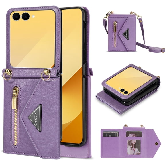 Decase for Samsung Galaxy Z Flip 8 Crossbody Wallet Case, Zipper Coin Pocket Multi Card Slots, Detachable Strap Leather Shell, Purple